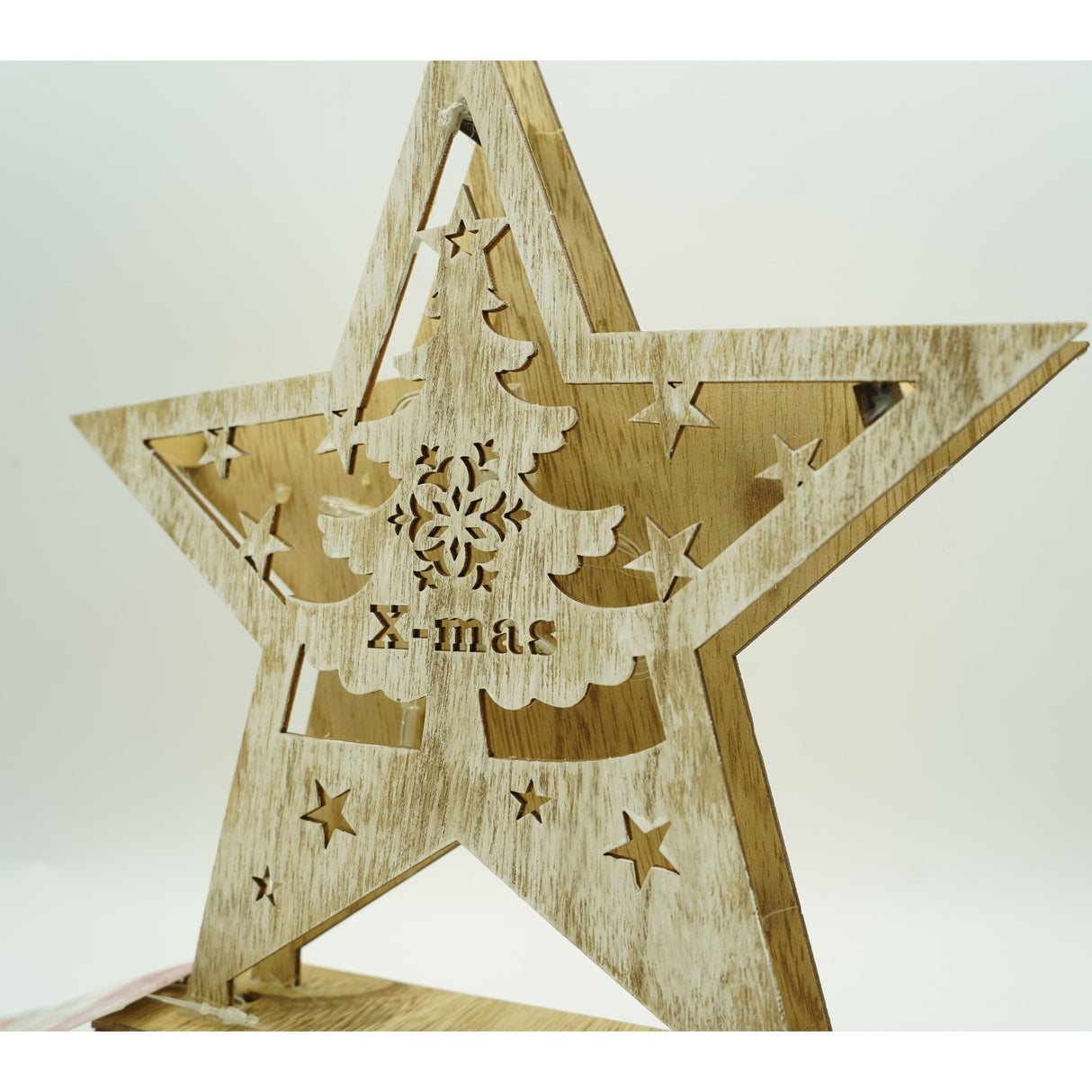 Decoratiune luminoasa, model de Stea cu Brad si inscriptie Marry Christmas, alb, lungime: 19 cm, latime: 5 cm, inaltime: 26 cm, lemn, interior/exterior - vivimall.ro