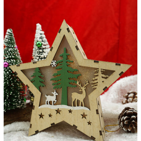 Decoratiune luminoasa, model de Stea cu Reni, maro, lungime: 18 cm, latime: 18 cm, inaltime: 4 cm, lemn, interior/exterior - vivimall.ro