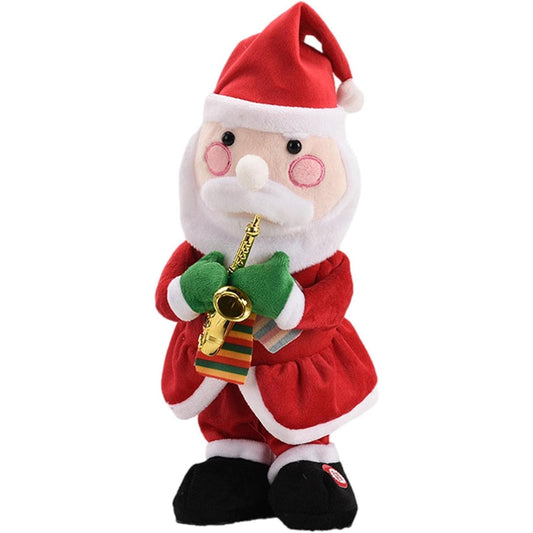 Decoratiune Mos Craciun, Vivimall, Animat, care Canta si Danseaza, cu Saxofon, Imbracat Festiv, 25 cm Inaltime, Rosu - vivimall.ro