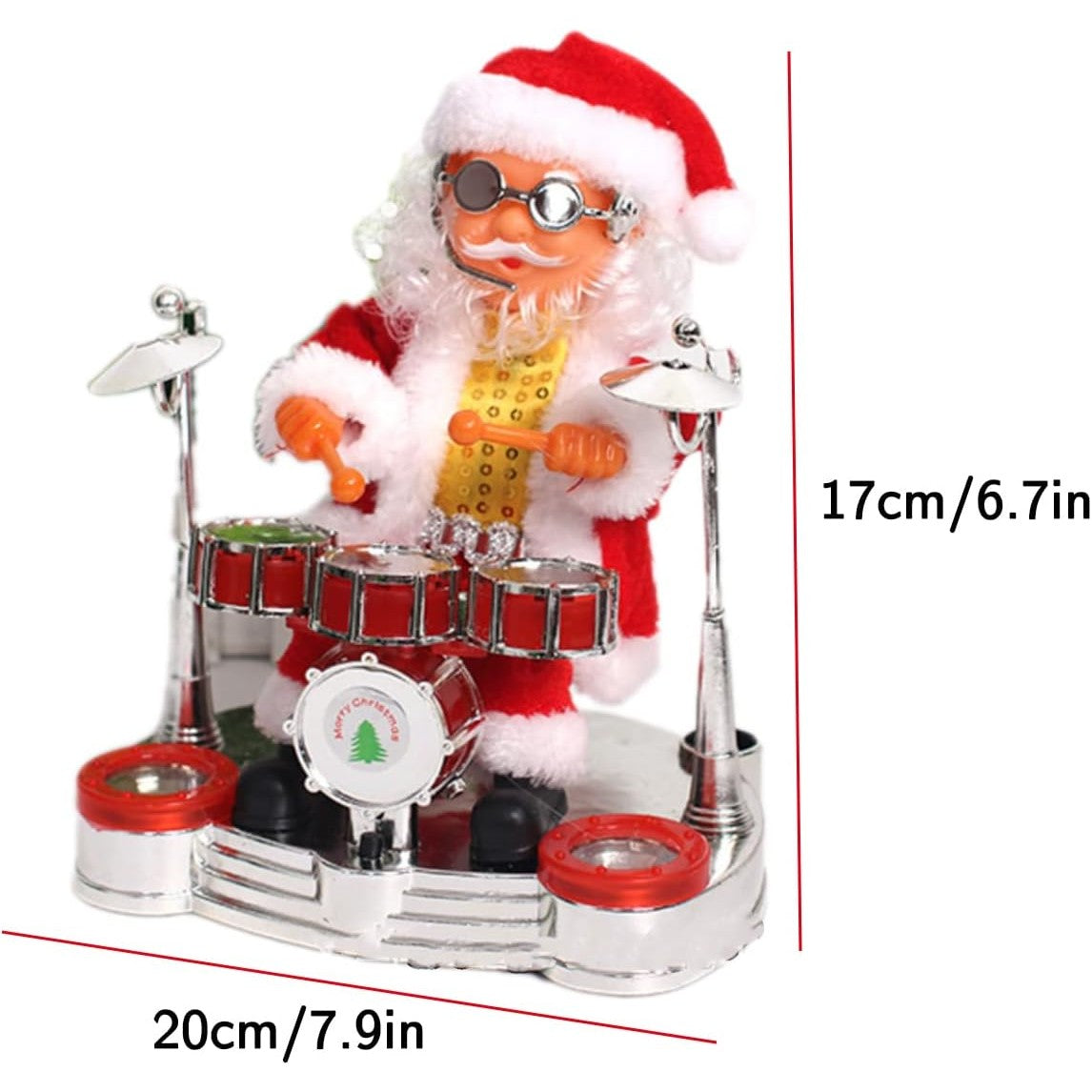 Decoratiune Mos Craciun, Flippy, Animat, care Canta si Danseaza, cu Tobe, Imbracat Festiv, 20x17 cm Inaltime, Rosu