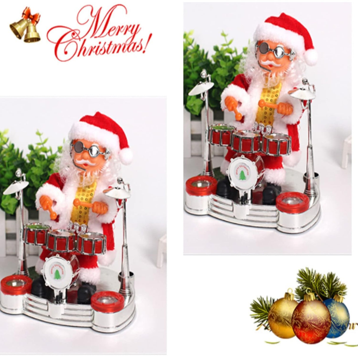 Decoratiune Mos Craciun, Flippy, Animat, care Canta si Danseaza, cu Tobe, Imbracat Festiv, 20x17 cm Inaltime, Rosu