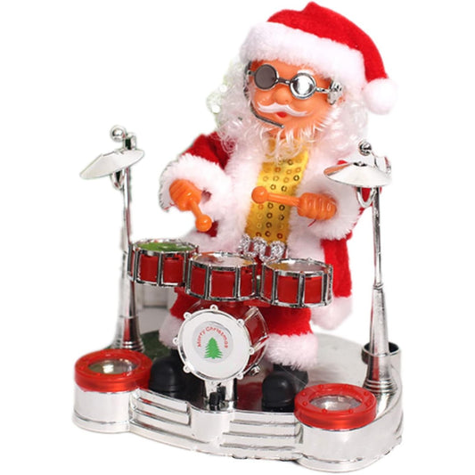 Decoratiune Mos Craciun, Vivimall, Animat, care Canta si Danseaza, cu Tobe, Imbracat Festiv, 20x17 cm Inaltime, Rosu - vivimall.ro