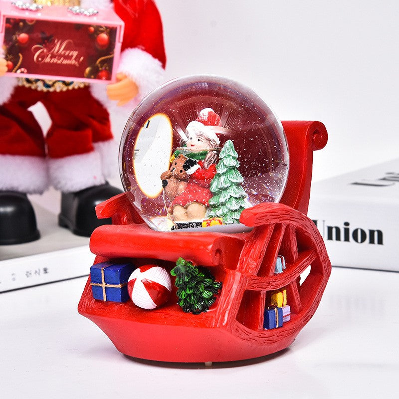 Decoratiune Muzicala Glob Cu Zapada, Cu Lumini Si Muzica, Mos Craciun, Forma Scaun, 13 Cm