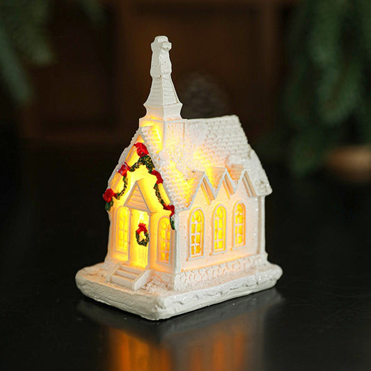 Decoratiune Ornament de Craciun, Vivimall, Biserica de Craciun din Rasina, Model Biserica Mica Iluminata din Interior, 8.8 x 6 x 4.5 cm, Alb - vivimall.ro