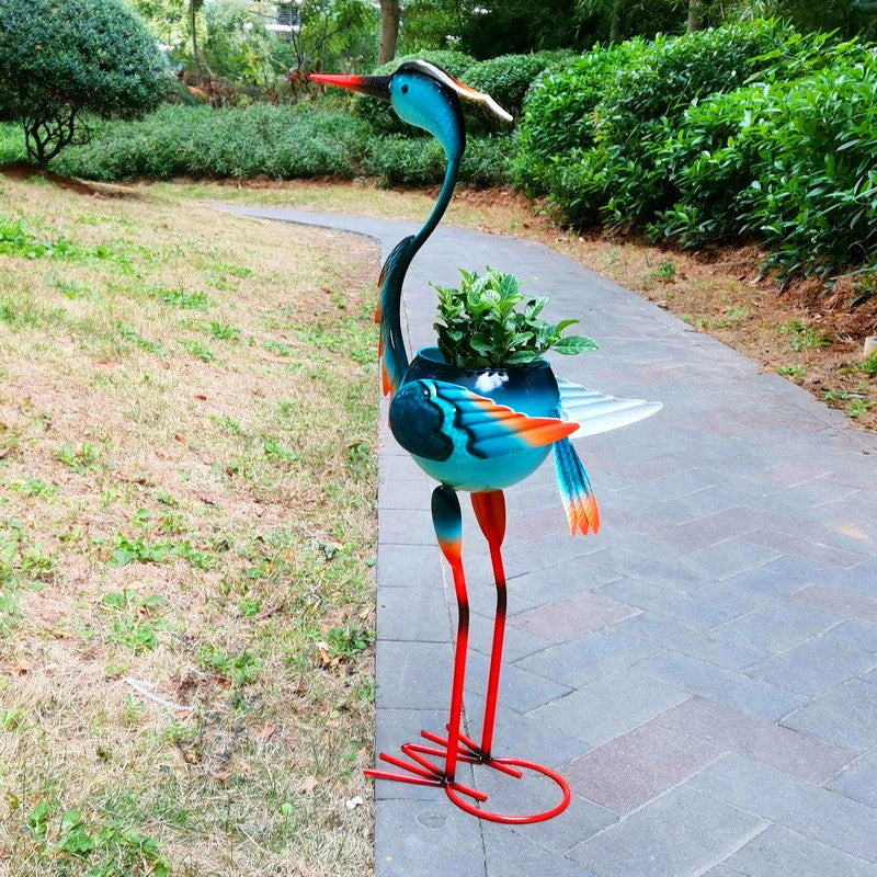 Decoratiune pentru Gradina, Flippy, Flamingo pentru Gradina cu Suport pentru Plante Flori, Ornament de Ghiveci de Flori, Model Flamingo, din Fier, 71 x 34 x 22 cm, Albastru - vivimall.ro