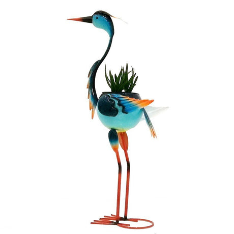 Decoratiune pentru Gradina, Flippy, Flamingo pentru Gradina cu Suport pentru Plante Flori, Ornament de Ghiveci de Flori, Model Flamingo, din Fier, 71 x 34 x 22 cm, Albastru - vivimall.ro