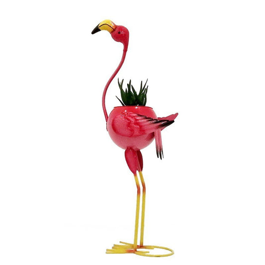 Decoratiune pentru Gradina, Vivimall, Flamingo pentru Gradina cu Suport pentru Plante Flori, Ornament de Ghiveci de Flori, Model Flamingo, din Fier, 73 x 34 x 22 cm, Roz - vivimall.ro