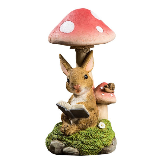 Decoratiune pentru Gradina, Flippy, Lumini LED cu Incarcare solara, 19.5 x 9.5 x 9.5 cm, Model Ciuperca cu Iepuras care Citeste, Maro deschis