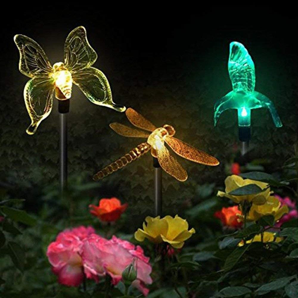Set 3 Lampi Solare LED tip pasare-fluture-libelula, Inaltime 43 cm, Vivimall, Multicolor - vivimall.ro