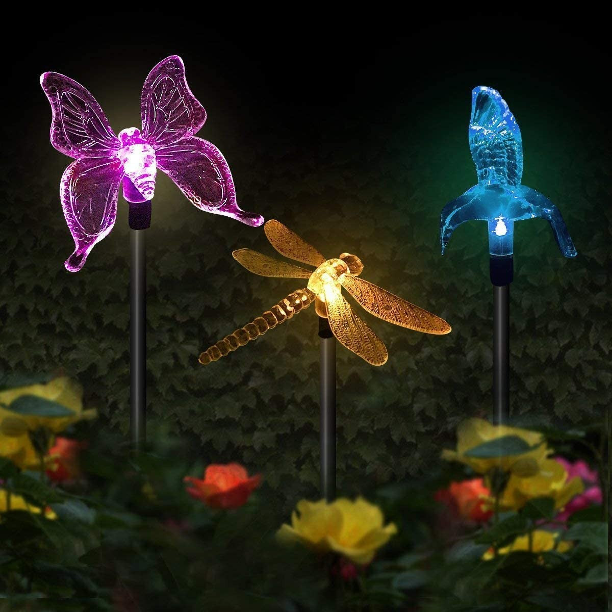 Set 3 Lampi Solare Led Tip Pasare-Fluture-Libelula, Inaltime 43 Cm, Multicolor - vivimall.ro
