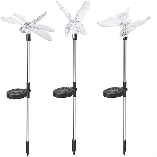 Set 3 Lampi Solare LED tip pasare-fluture-libelula, Inaltime 43 cm, Vivimall, Multicolor - vivimall.ro