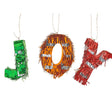 Set 3 mini piniate litere JOY din carton, culori verde portocaliu roșu, vedere frontală completă
