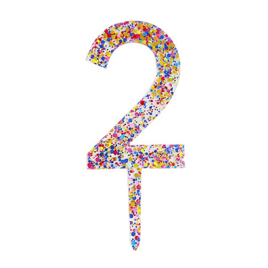 Decoratiune Topper pentru Tort, Vivimall, din Acrilic cu Fulgi de Sclipici, Model Cifra 2, Inaltime 18.5 cm, Transparent Multicolor - vivimall.ro