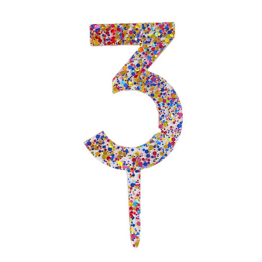 Decoratiune Topper pentru Tort, Vivimall, din Acrilic cu Fulgi de Sclipici, Model Cifra 3, Inaltime 18.5 cm, Transparent Multicolor- - vivimall.ro