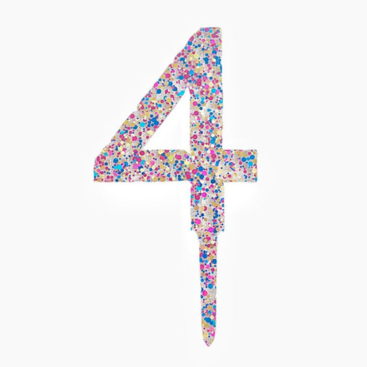 Decoratiune Topper pentru Tort, Vivimall, din Acrilic cu Fulgi de Sclipici, Model Cifra 4, Inaltime 18.5 cm, Transparent Multicolor- - vivimall.ro