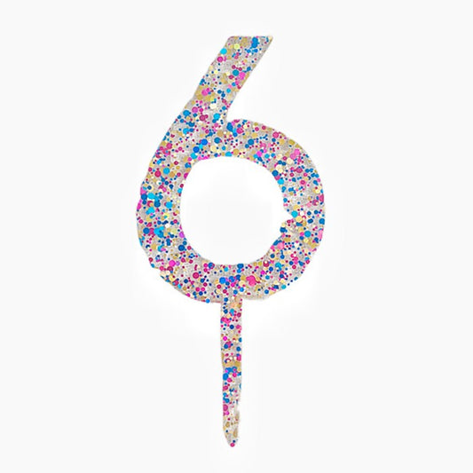 Decoratiune Topper pentru Tort, Vivimall, din Acrilic cu Fulgi de Sclipici, Model Cifra 6, Inaltime 18.5 cm, Transparent Multicolor- - vivimall.ro