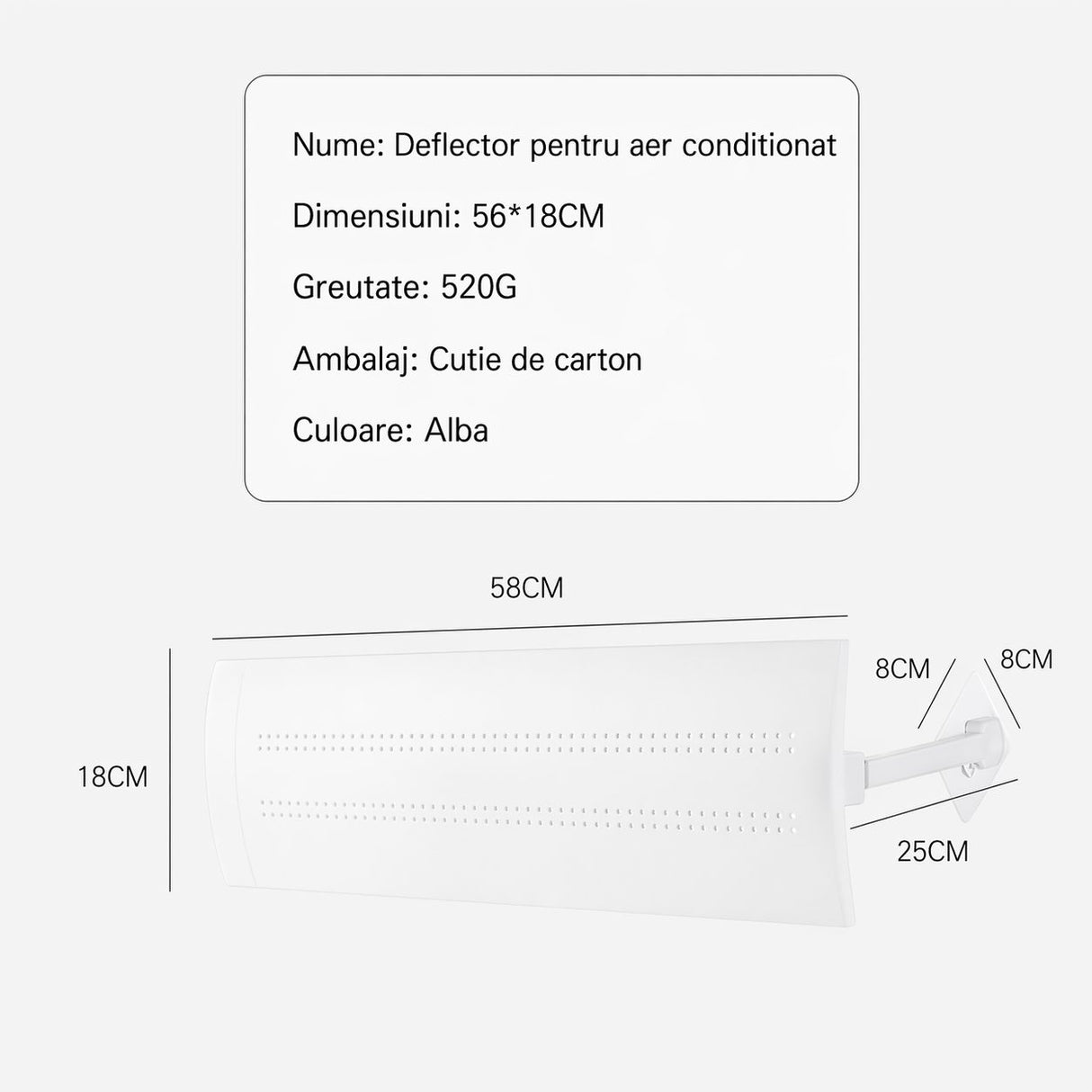 Deflector aer condiționat Flippy Model B, vedere ambalaj și conținut cutie produs