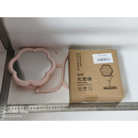 Oglindă de Machiaj pentru Birou, Vivimall, Rotativă, Detasabilă, Model de Floarea Soarelui, Suport pentru Inele, cu Depozitare, Roz - vivimall.ro