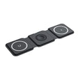 Încărcător wireless magnetic pliabil 3în1, 15W, negru, vedere frontală deschisă cu telefon și Apple Watch
