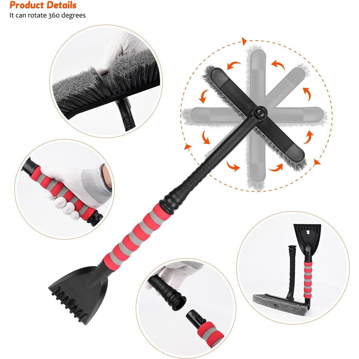 Perie de Zapada cu Racleta pentru Masina, Flippy, Multifunctionala, Rotativa, Demontabila, cu Maner Antiderapant, Aluminiu, Plastic, Fragmentarea Ghetii de pe Parbriz, Solutia pentru Iarna, pentru Dezghetare, 54x10.5x27 cm, Rosie