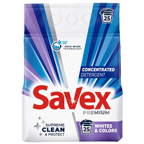 Detergent automat Savex Whites și Colors, ambalaj 2 kg pentru 25 spălări, rufe albe și colorate