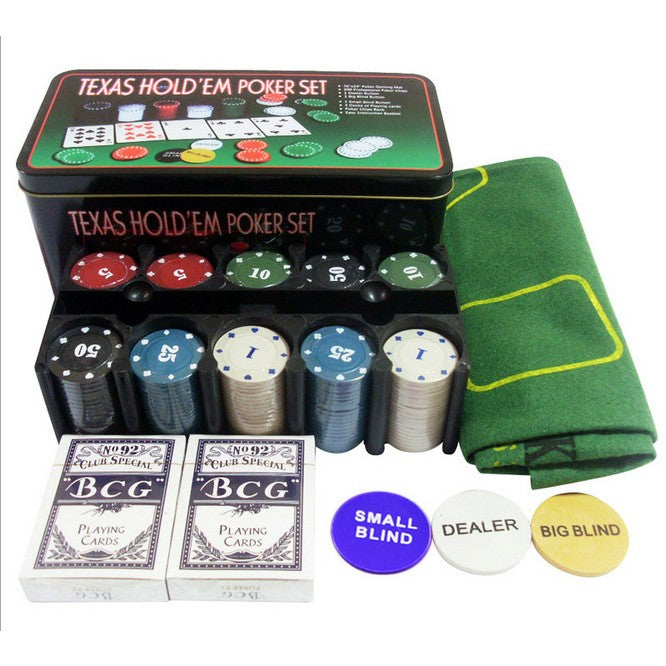 Set de Poker Complex cu 200 de jetoane Vivimall, Include 2 seturi de carti, Texas Hold`em set, portabil, cutie depozitare