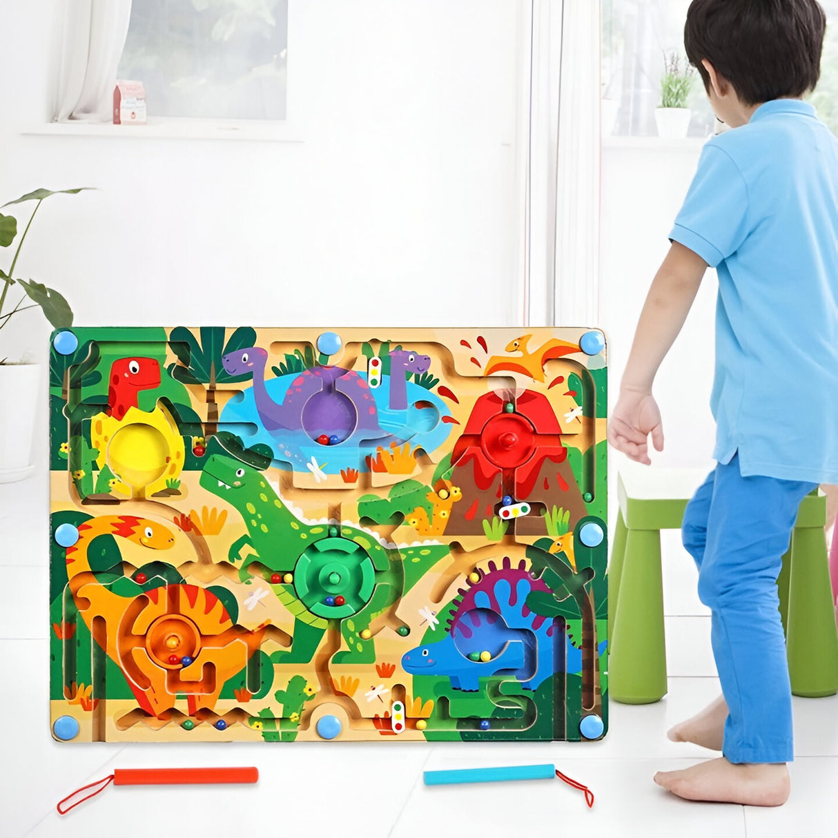 Joc Montessori De Sortare Culori, Creion Magnetic, Tip Labirint Ilustrat, Din Lemn - vivimall.ro