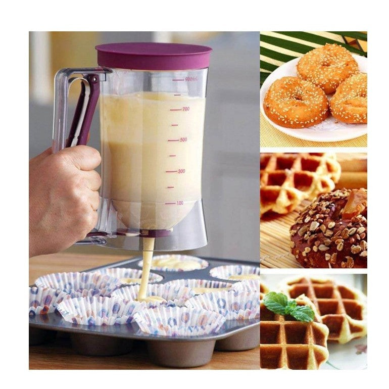 Dispenser de aluat pentru prajituri Vivimall, Batter Dispenser, din plastic, maner cu arc, 900 ml, usor de manipulat si utilizat, Mov - vivimall.ro