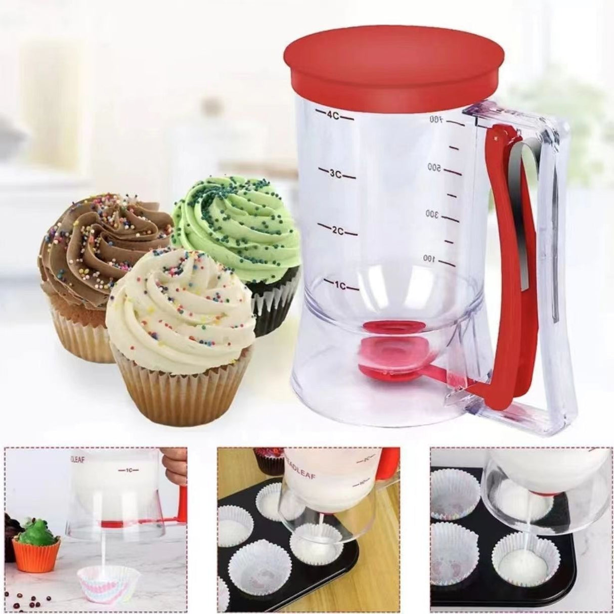 Dispenser De Aluat Pentru Prajituri, Din Plastic, Maner Cu Arc, 900 Ml, 18.5 X 11 Cm, Rosu - vivimall.ro