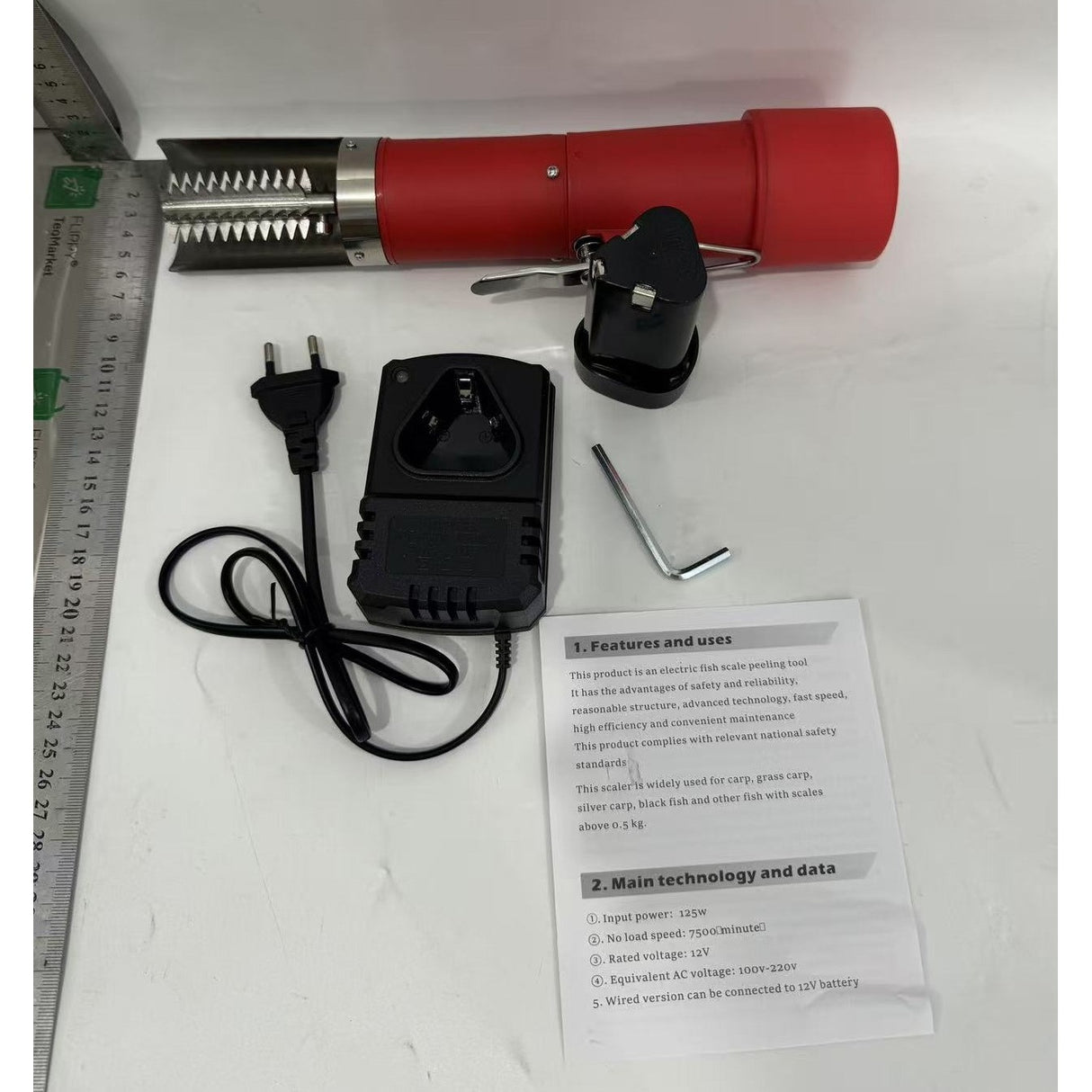 Dispozitiv Electric de Curatare Solzi Peste, Flippy, din Otel Inoxidabil, 28 x 5 cm, Rosu - vivimall.ro