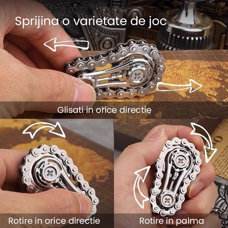 Jucarie Fidget Spinner Premium Anti Stres, Flippy, Giroscop din Aliaj, Jucarie din Metal de decompresie, forma Lant de Angrenaj de Bicicleta, 6 x 3.5 cm, Argintiu