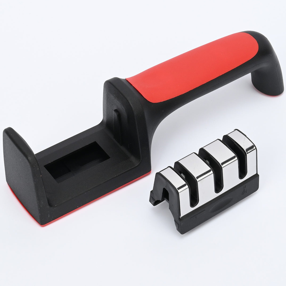 Dispozitiv Pentru Ascutit Cutite Cu 3 Pozitii, Rosu/Negru, Material Inox Si Abs, 21.5X5X6 Cm - vivimall.ro