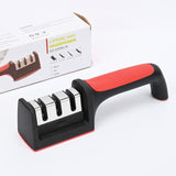 Dispozitiv pentru ascutit cutite Flippy, cu 3 pozitii, rosu/negru, material inox si ABS, 21.5x5x6 cm