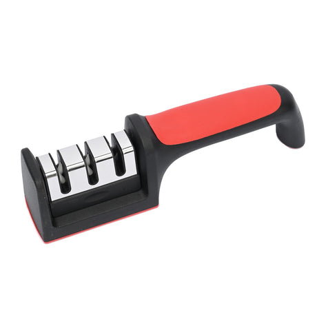 Dispozitiv Pentru Ascutit Cutite Cu 3 Pozitii, Rosu/Negru, Material Inox Si Abs, 21.5X5X6 Cm - vivimall.ro