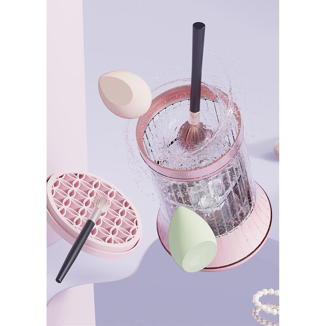 Dispozitiv Portabil de Curatare a Pensulelor de Machiaj, Vivimall, pentru Pensule de Diferite Dimensiuni, 5V, 7000RPM, Vibratii Sonice, USB Type C, 9x9x16 cm, Roz - vivimall.ro