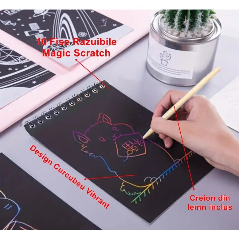 Caiet Cu Fise Razuibile Diy Magic Scratch, 12 File, Curcubeu, Creion Din Lemn, Cartonase Negre, 14 X 10 Cm