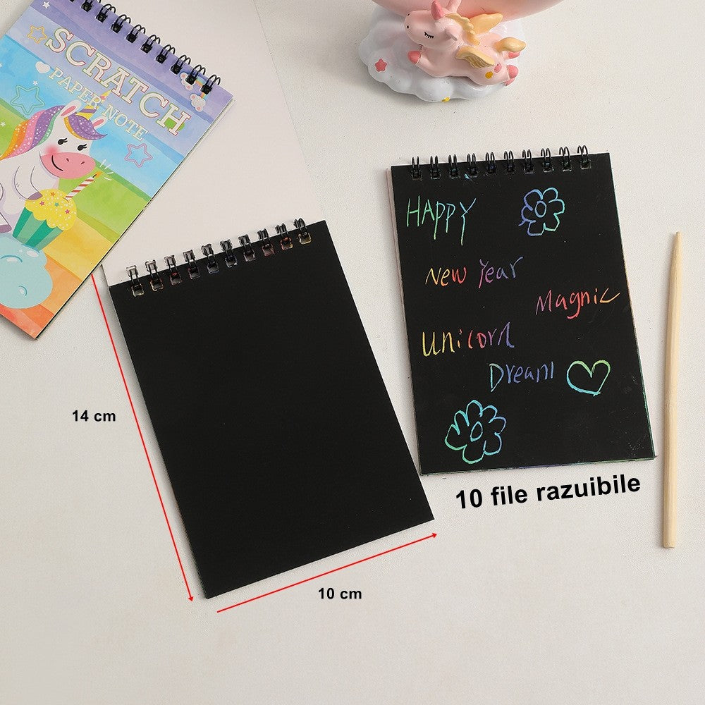 Caiet Cu Fise Razuibile Diy Magic Scratch, 12 File, Curcubeu, Creion Din Lemn, Cartonase Negre, 14 X 10 Cm