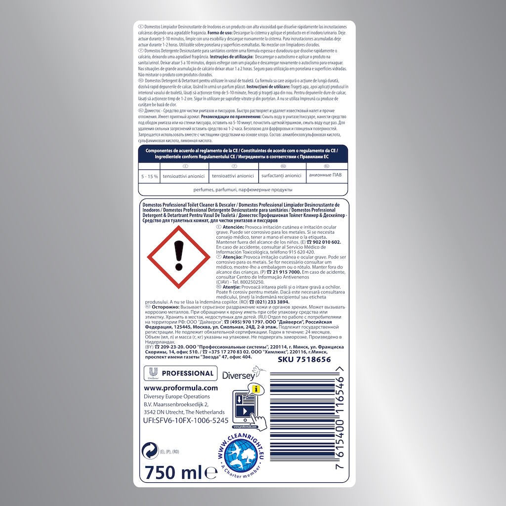 Detaliu capac și duză aplicare detartrant Domestos Professional 750ml, design ergonomic