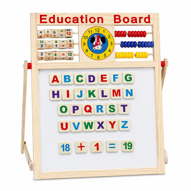 Tablă magnetică educativă Flippy cu două fețe, cadru din lemn, abac și ceas incluse, vedere frontală completă