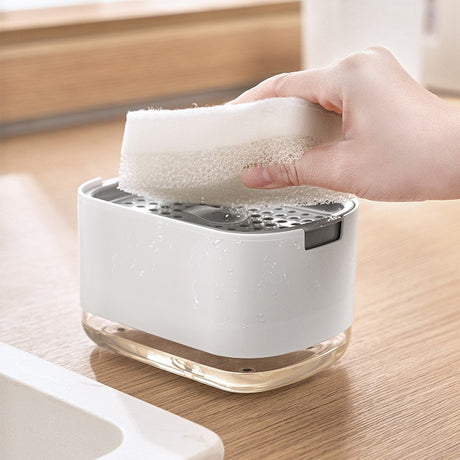 Dozator Dispenser 2 In 1 Pentru Detergent Lichid De Vase Sau Pentru Obiecte Sanitare Cu Suport Pentru Burete De Bucatarie, 8.6 X 14.5 X 10 Cm, Capacitate 300 Ml, Alb - vivimall.ro