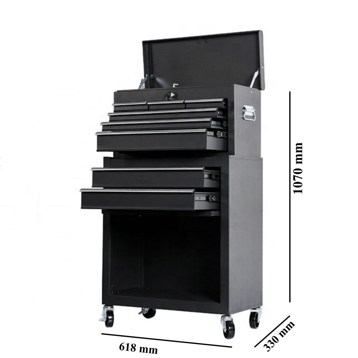 Dulap pentru scule 2 in 1, Flippy, Carucior Atelier pe Roti, 8 Sertare, Cutie Detasabila, cu Incuietoare, 61.8 x 33 x 107 cm, Negru - vivimall.ro
