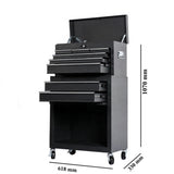 Dulap pentru scule 2 in 1, Flippy, Carucior Atelier pe Roti, 8 Sertare, Cutie Detasabila, cu Incuietoare, 61.8 x 33 x 107 cm, Negru - vivimall.ro