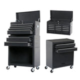 Dulap pentru scule 2 in 1, Flippy, Carucior Atelier pe Roti, 8 Sertare, Cutie Detasabila, cu Incuietoare, 61.8 x 33 x 107 cm, Negru - vivimall.ro