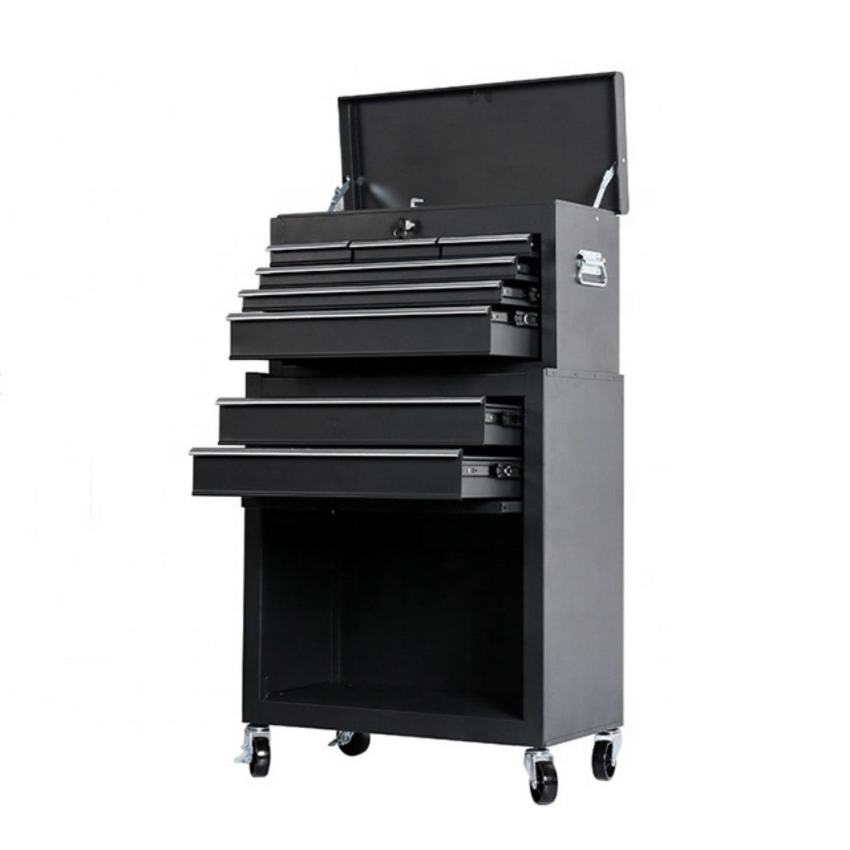 Dulap pentru scule 2 in 1, Flippy, Carucior Atelier pe Roti, 8 Sertare, Cutie Detasabila, cu Incuietoare, 61.8 x 33 x 107 cm, Negru - vivimall.ro
