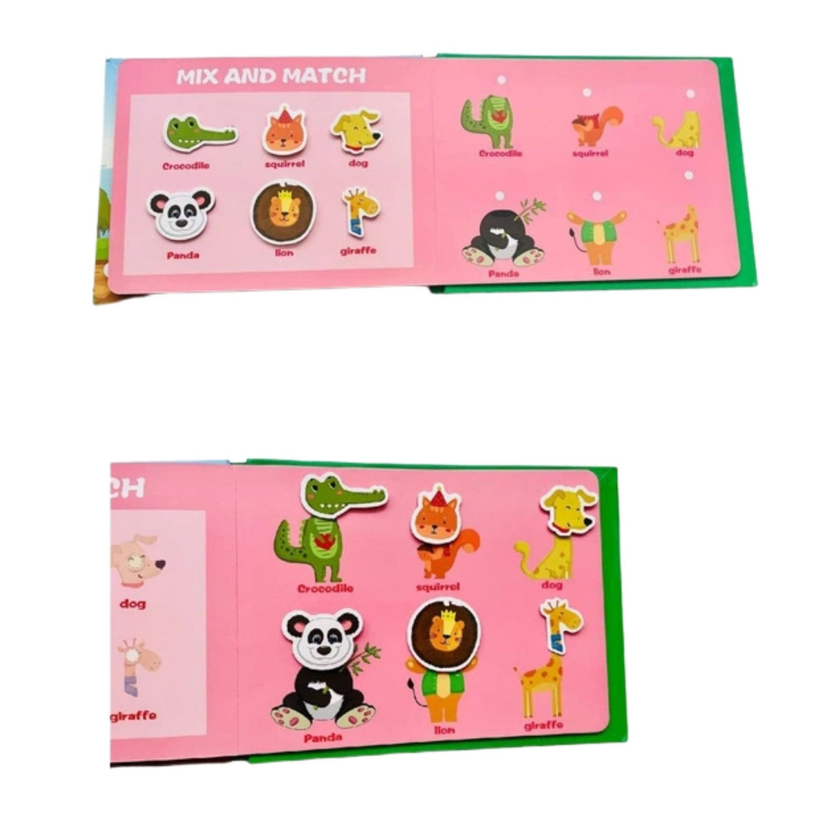 Secțiunea Mix and Match din Quiet Book Flippy – asociere cap cu corp la animale, sistem velcro
