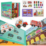 Pagini interactive Quiet Book Flippy Vehicule deschis, activitate Parking Lot cu mașini și simboluri geometrice