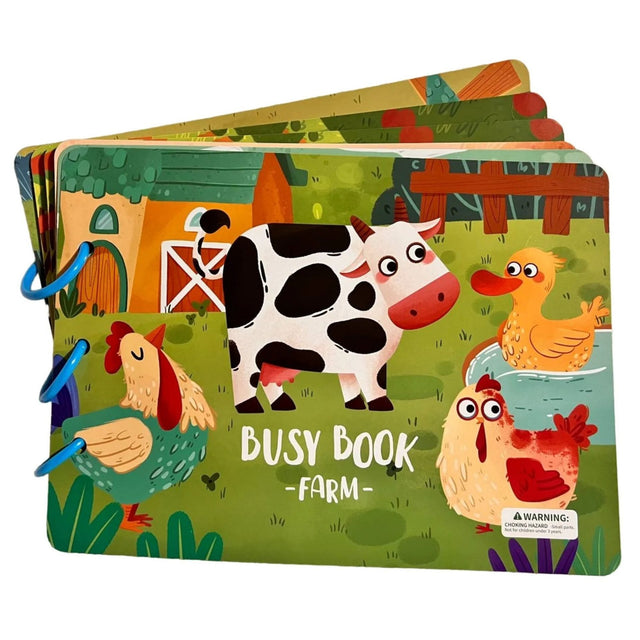 Busy Book Flippy Viața la Fermă, vedere frontală, carte educativă Montessori cu stickere reutilizabile pentru 3 ani