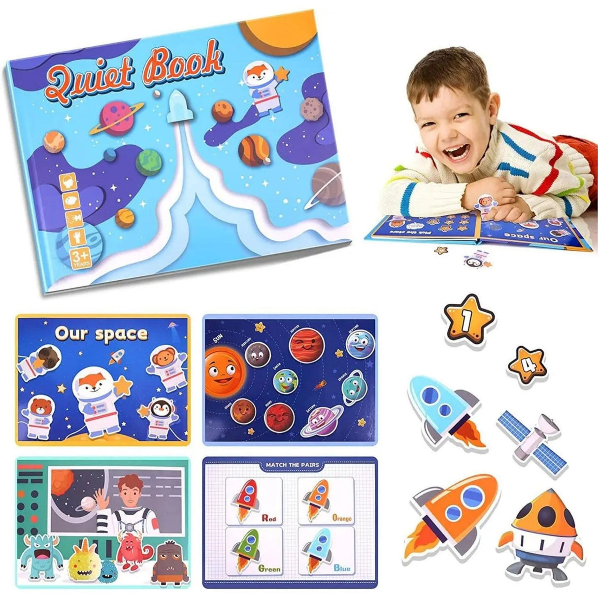Pagini interactive Quiet Book Flippy cu stickere reutilizabile planete și rachete colorate