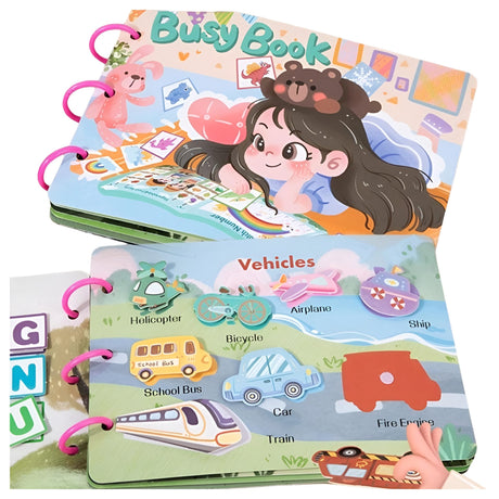 Carte Montessori Flippy Busy Book din fetru multicolor, vedere frontală cu copertă și mânere ergonomice