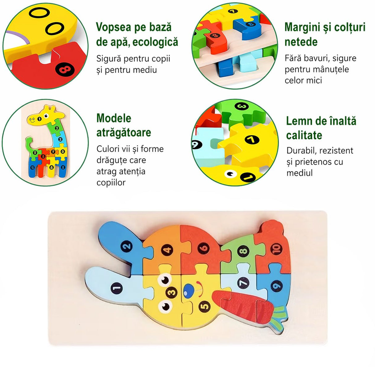 Puzzle lemn Montessori Flippy pentru copii 0-3 ani, piese individuale detaliate